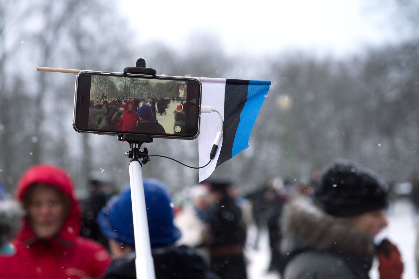 Eesti lipp ja selfie stick. Foto on illustreeriv.