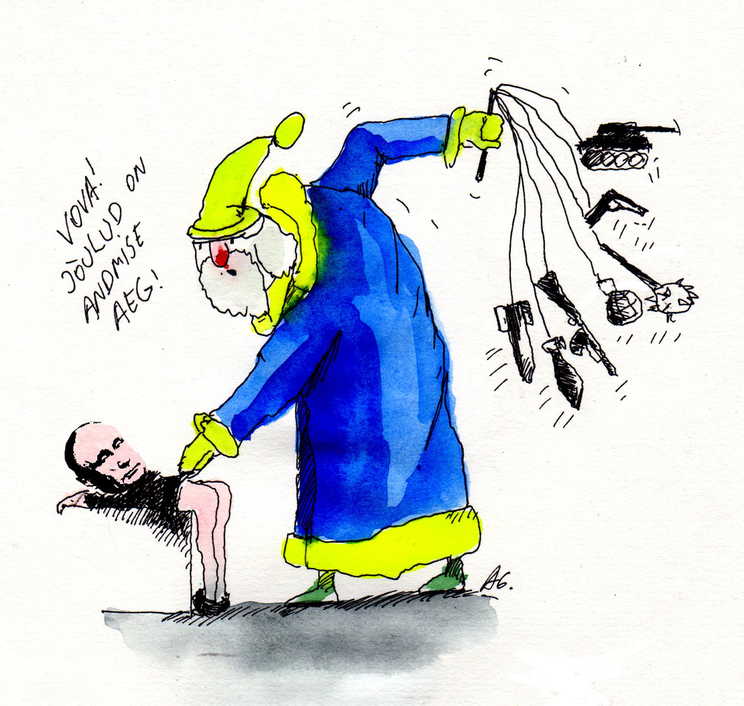 Карикатура на Путина, которого наказывает Дед Мороз.