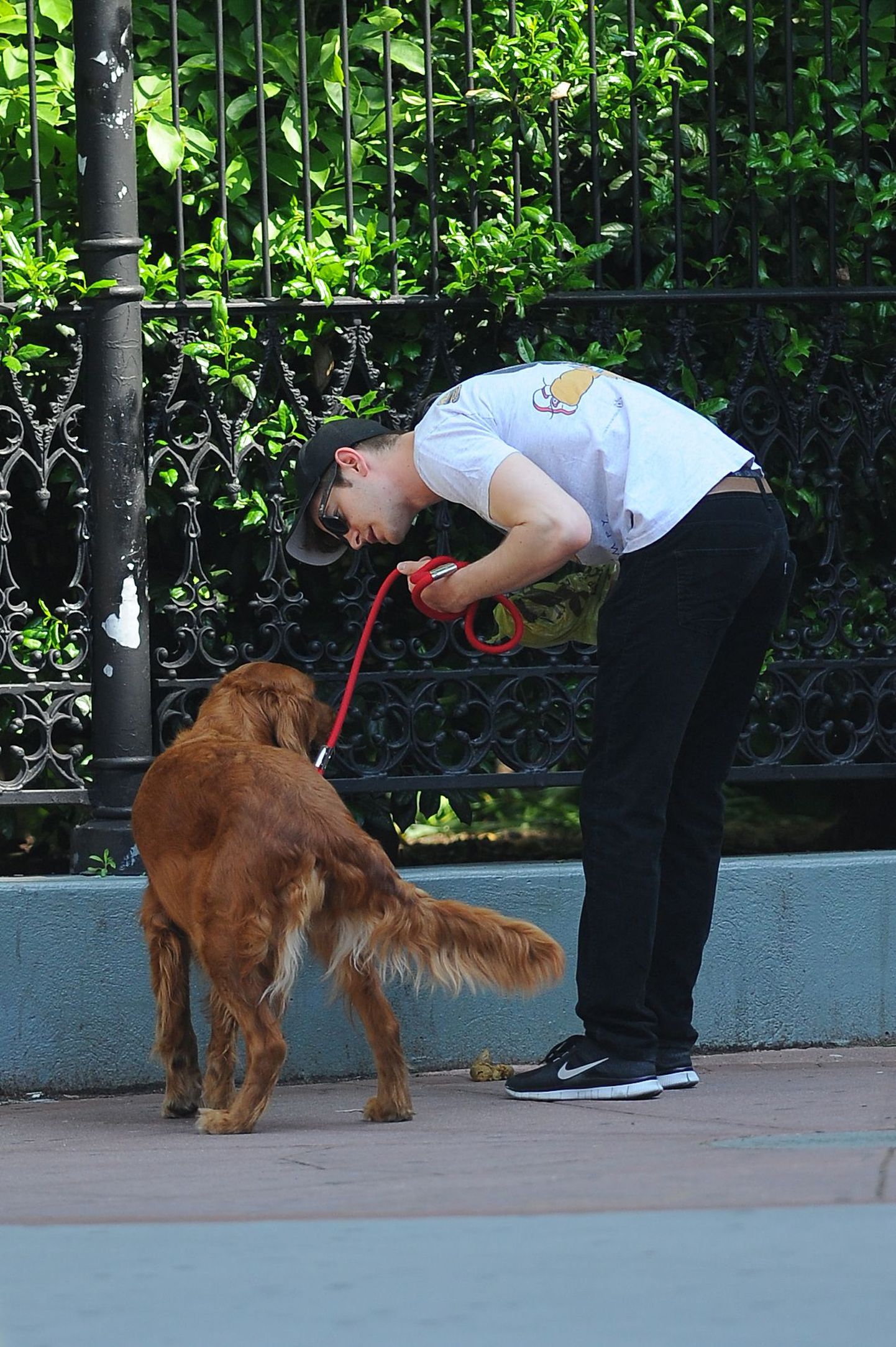 Näitleja Andrew Garfield koristamas oma koera järel New Yorki pargis.
