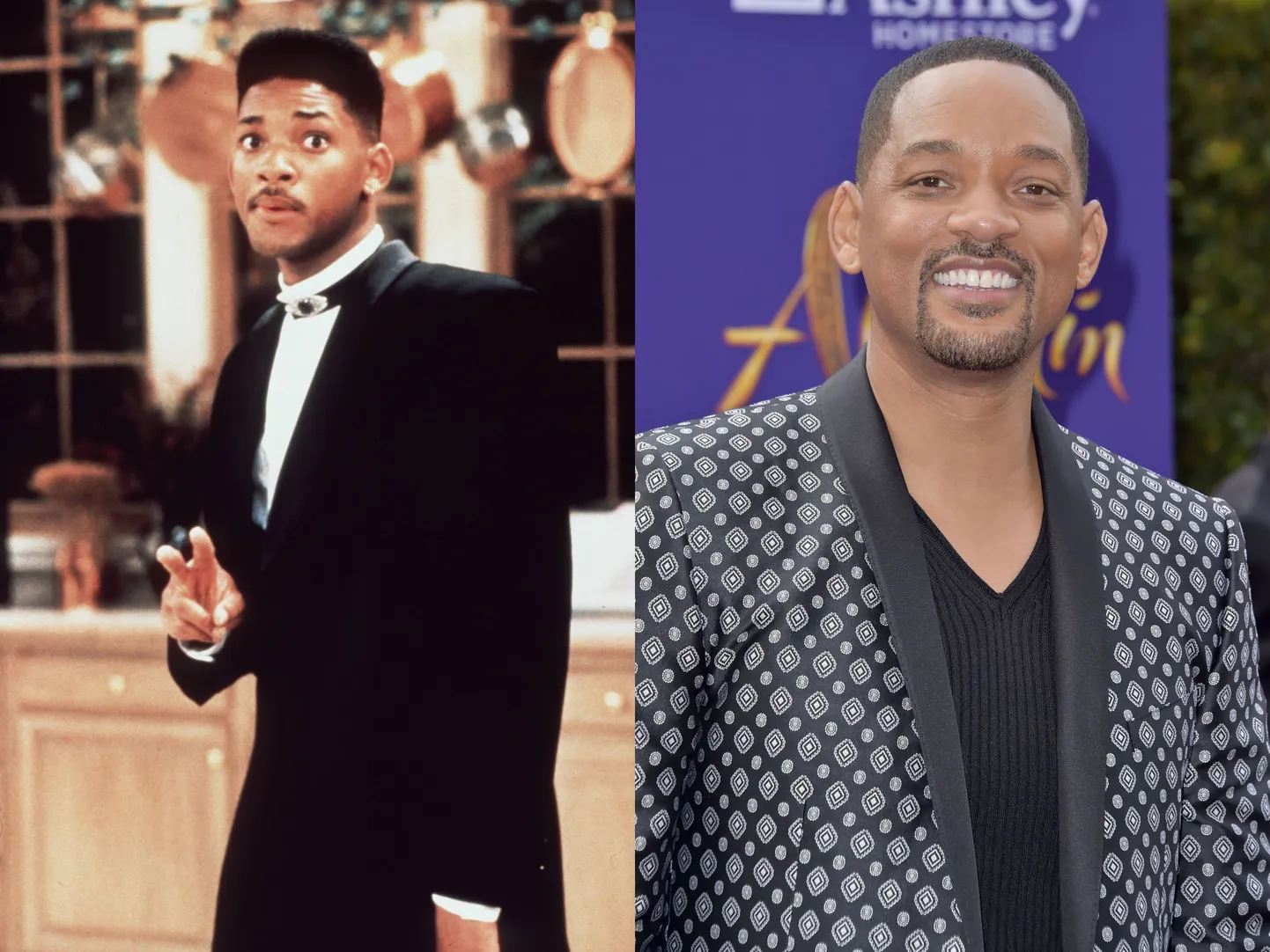 Vasakul: Will Smith sarjas "Fresh Prince" aastal 1990. Paremal: Will Smith 2019. aastal Los Angeleses