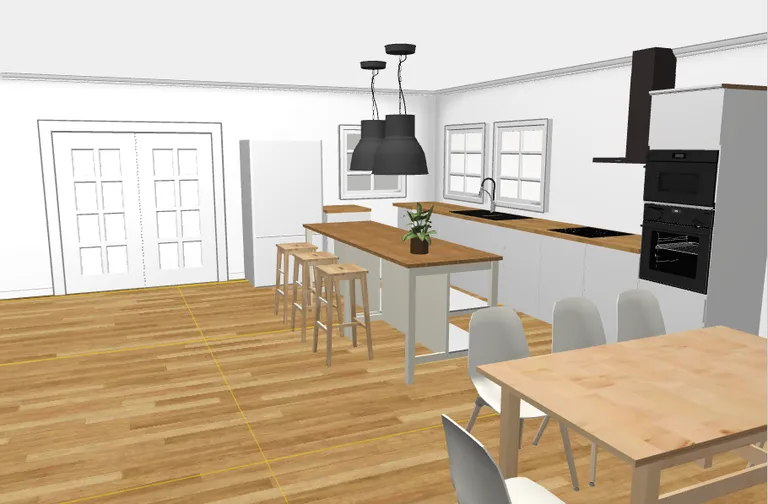 Meie köök Ikea kitchen planneris. Plaaditud seina ja aknast tuleva valguse peab ise juurde mõtlema.