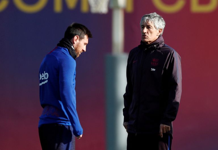 FC Barcelona endine treener Quique Setien ja Lionel Messi treeningul käesoleva aasta jaanuaris. 