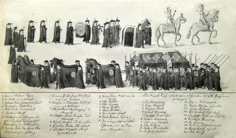 Kurzemes hercoga Frīdriha bēru ceremonija. J. K. Broces kopija (18. gs. beigas) no nezināma oriģināla.