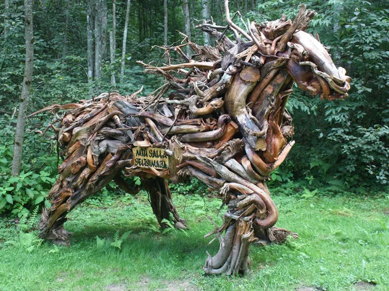 Kunstnikud Hando Kuntro ja Piret Smagar toovad Peetli rabast rabajuurikaid ja looduslikke materjale. Juurikad valitakse nende looduslikku ilmet ja vormi jälgides. Pildil kukk. Pildil hobune