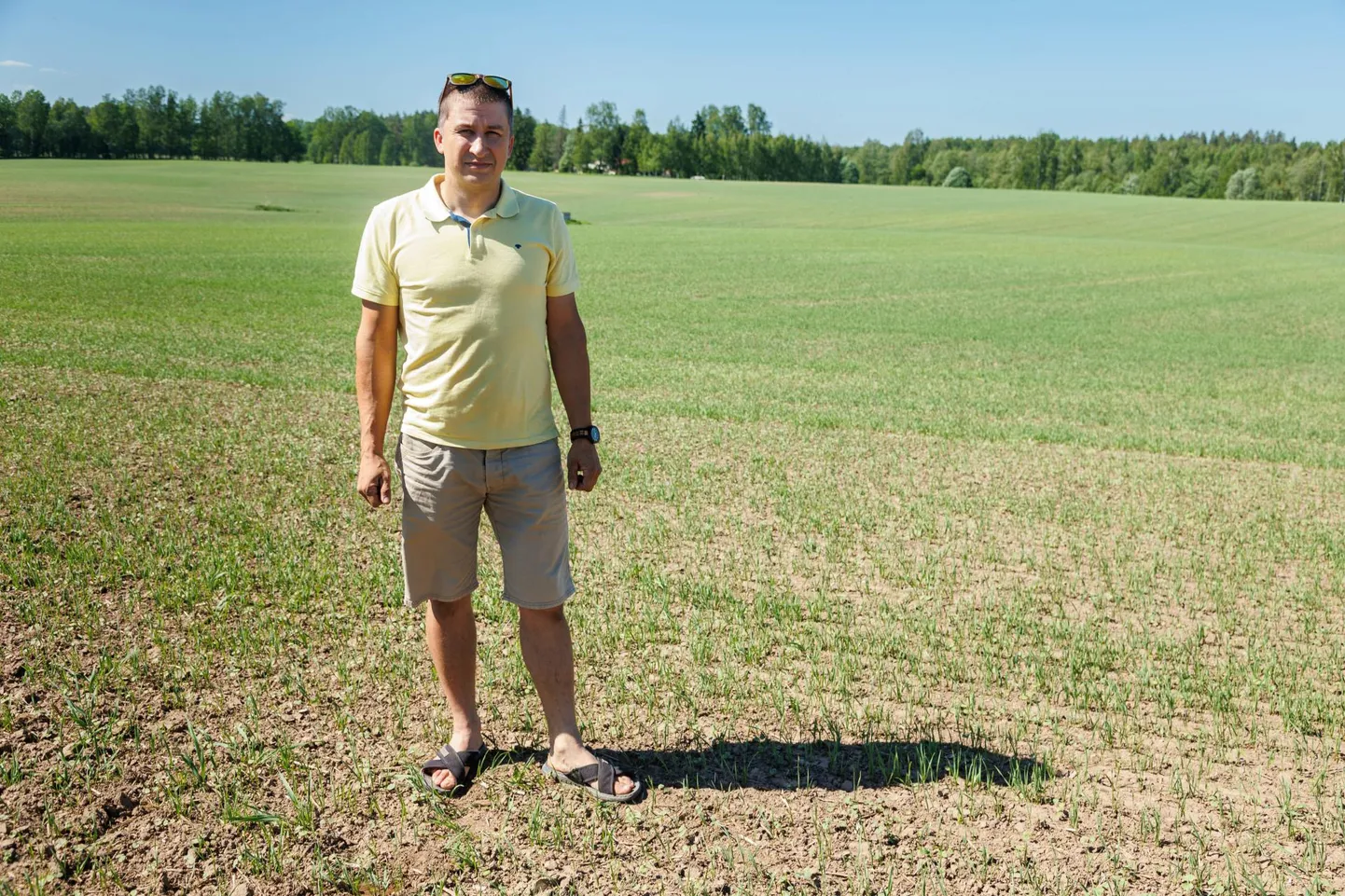 Valgamaal Valga vallas toimetav põllumees Mihkel Maks seisab oma 9. mail külvatud põllul. Kuiv periood on juba pikale venimas, ent praegu ta veel olukorda siiski päris kriitiliseks ei pea.