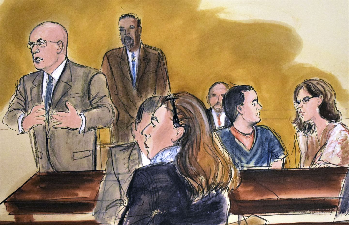 Kohtujoonistus Joaquin "El Chapo" Guzmani (paremalt teine) istungist.