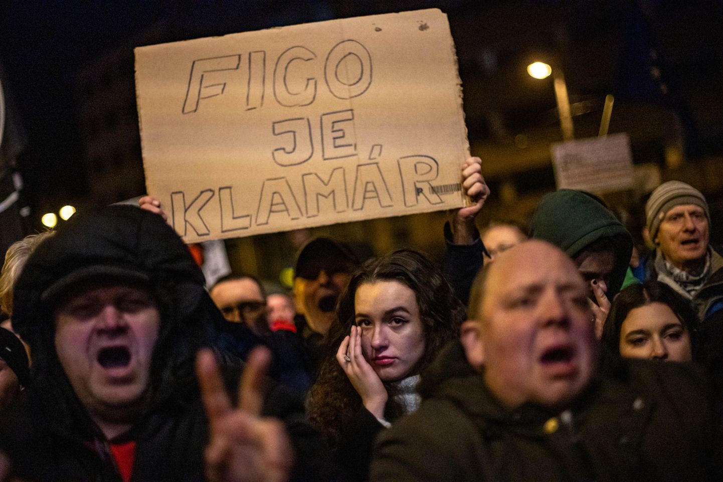 Meeleavaldajad plakatiga «Fico on valetaja» veebruaris Bratislavas meeleavaldusel peaminister Robert Fico valitsuse plaani vastu likvideerida riigiprokuratuur.