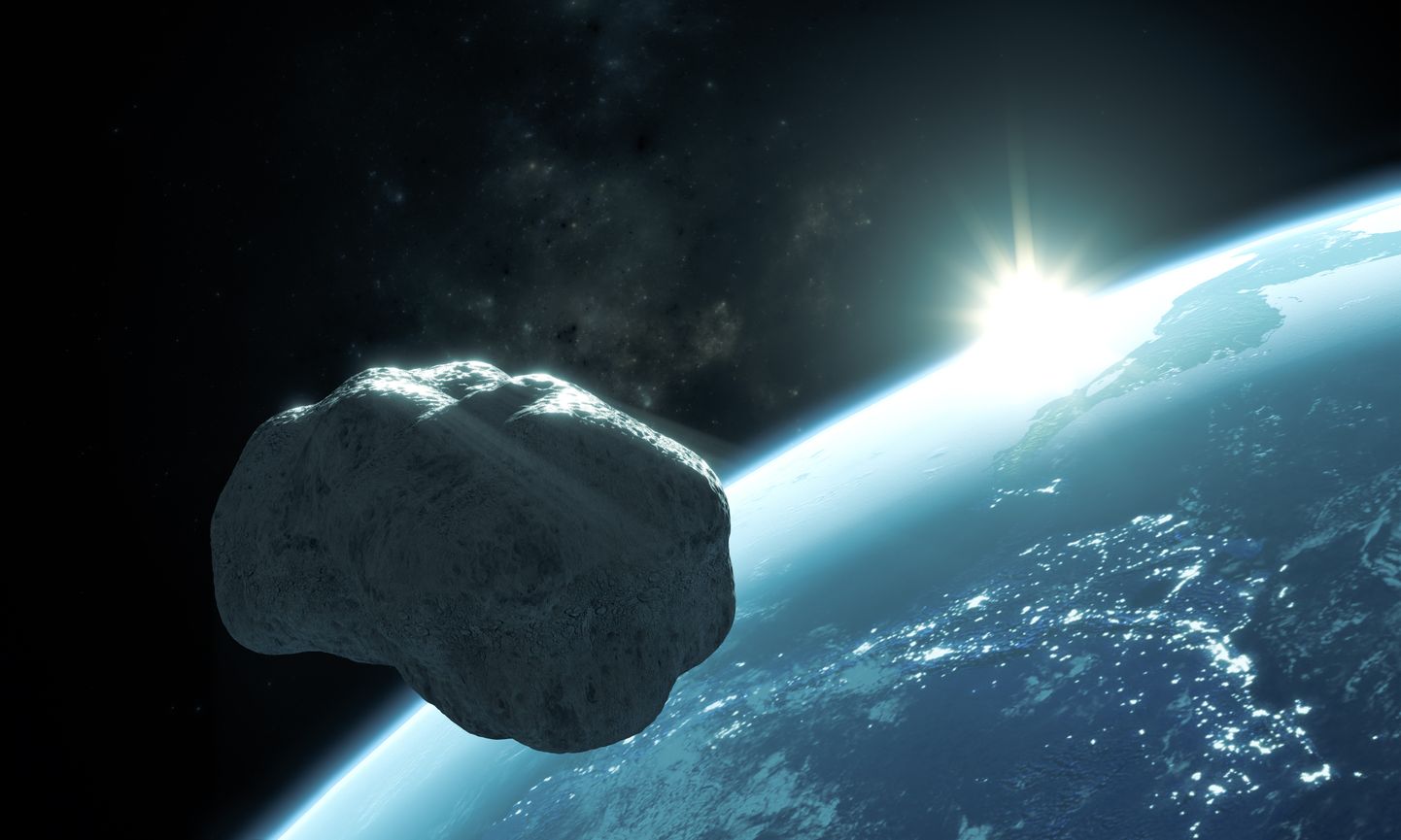 Arvutijoonistus Maast ja asteroidist.
