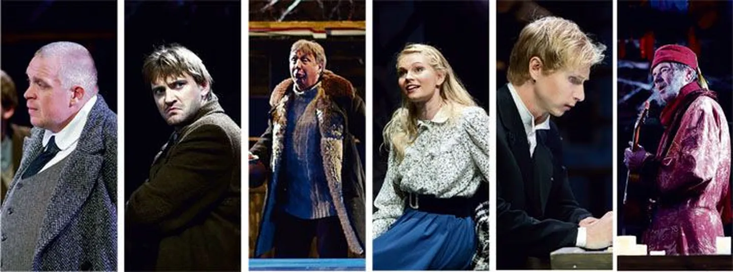 Etenduses mängib teatri raskekahurvägi: (vasakult) Tarvo Sõmer, Margus Grosnõi, Eduard Salmistu, Maarika Mesipuu-Veebel, Mait Joorits ja Arvi Mägi.