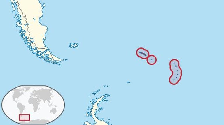 Lõuna-Georgia saar ja Lõuna-Sandwichi saared (punastes ringides)