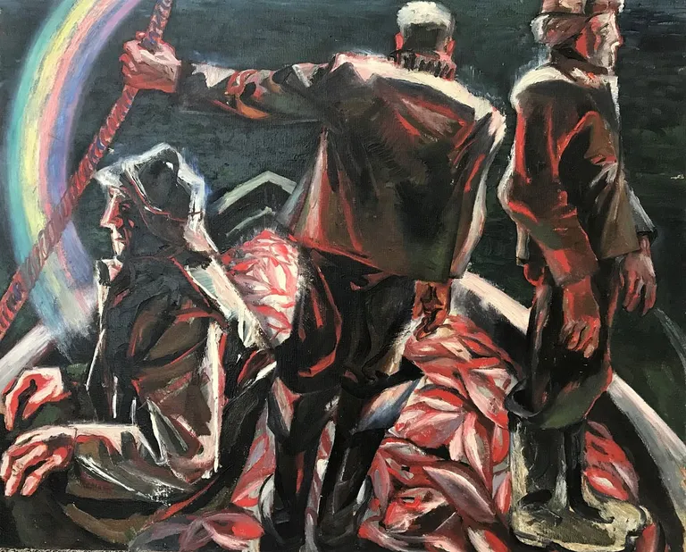 Semjons Šegelmans (1933). "Zvejnieki un varavīksne", 1963., audekls/eļļa, 81 x 100 cm

Sākuma cena: 4000 €.

Glezna "Zvejnieki un varavīksne" tika izstādīta Maskavā - Manēžā Vissavienības jauno mākslinieku izstādē, kur tika prezentēti labākie mākslinieki no visām PSRS republikām. Izstādē izcēlās skandāls, kad viens no mākslas kritiķiem gleznā atklāja urinējošu zvejnieku. To nepamanīja atlases komisijas locekļi Rīgā. Glezna padarīja Šegelmanu uzreiz slavenu.
Daudzas Maskavas dāmas pat pasūtīja pie viņa portretus.Kad 1975. gadā atzītā, talantīgā grafiķa Semjona Šegelmana (1933) izstāde Mākslas darbinieku namā tika eksponēta vien nedēļu un vēlāk padomju cenzori viņa "drūmos" darbus vienkārši iznīcināja, viņš kopā ar sievu Jūliju emigrēja uz Eiropu, vēlāk Kanādu. Vēlāk padomju gados viņa vārds dažādos grafikai veltītos izdevumos vairs netika pieminēts.