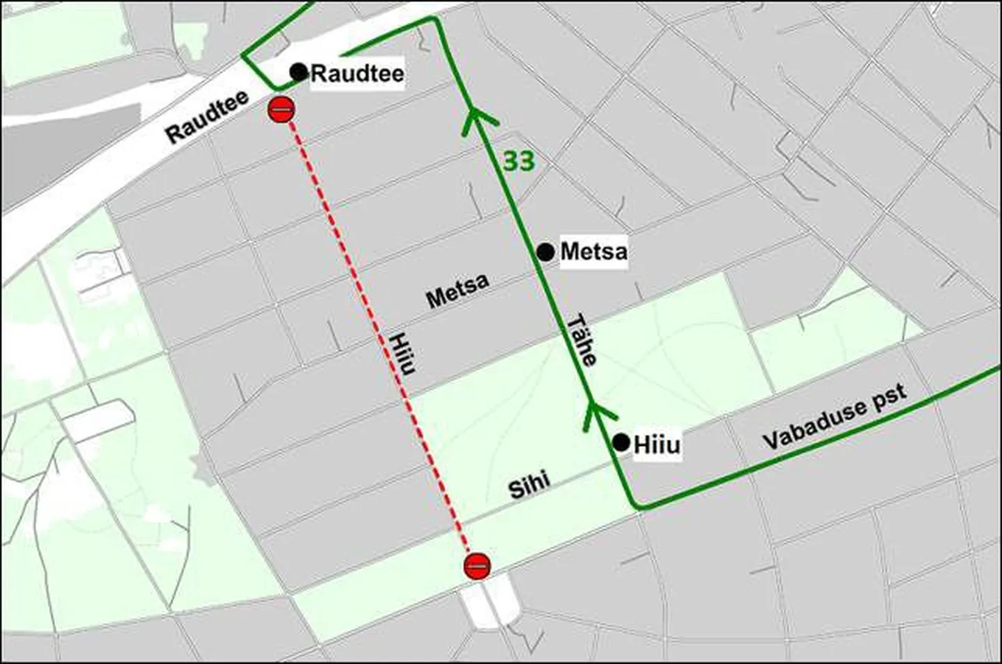 Skeem: Autobussiliini nr 33 ajutine ümbersõit ja peatused 10.12.2014 – 31.07.2015