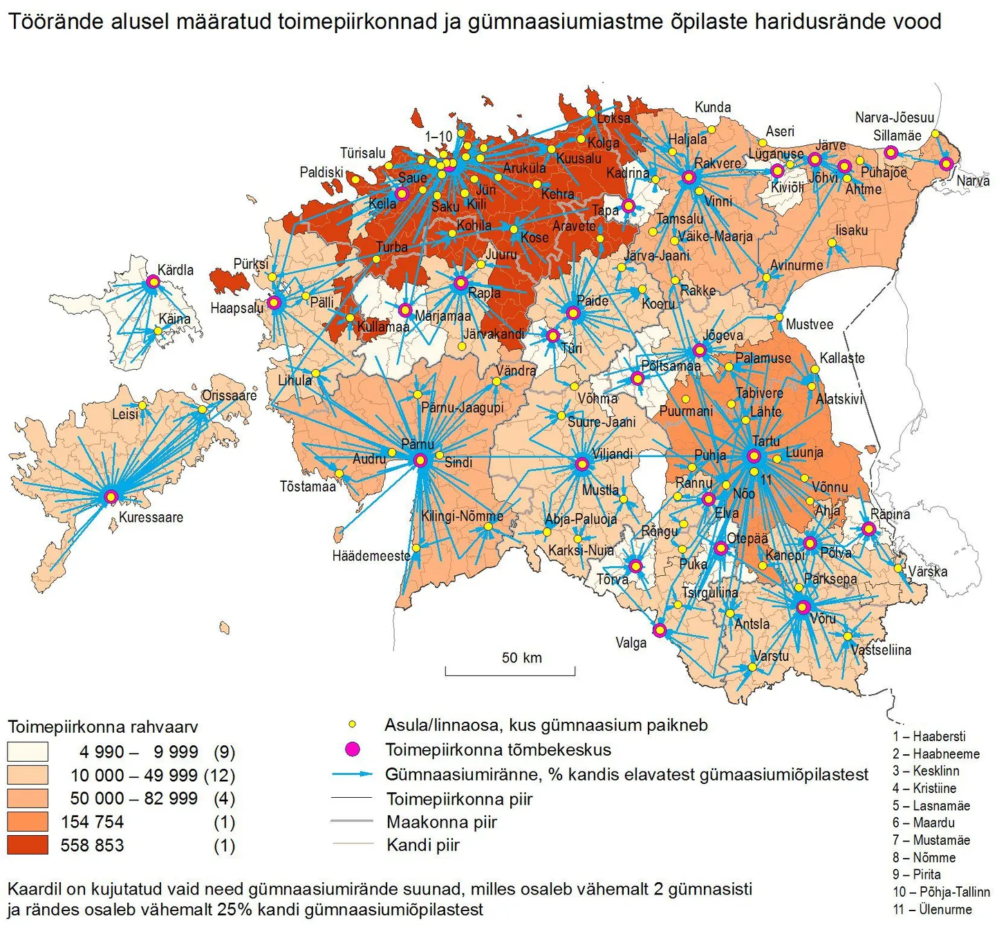 Töörände mõjupiirkonnad ja gümnaasiumiõpilaste haridusrände vood.