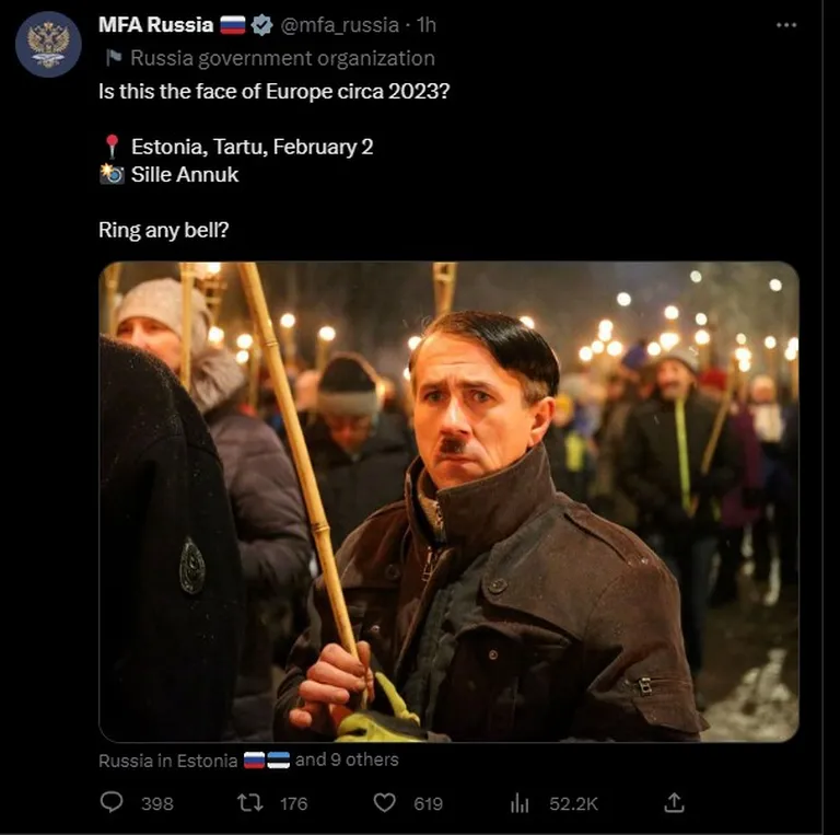 "Kas see ongi Euroopa nägu 2023 aastal?" küsitakse ametlikult Venemaa välisministeeriumi Twitteri kontol.
