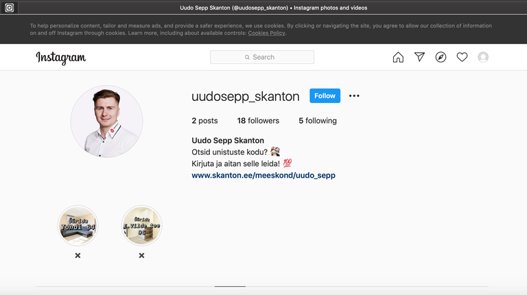 Kuvatõmmis Instagramist: Uudo Sepp töötab Skanton Kinnisvaras.