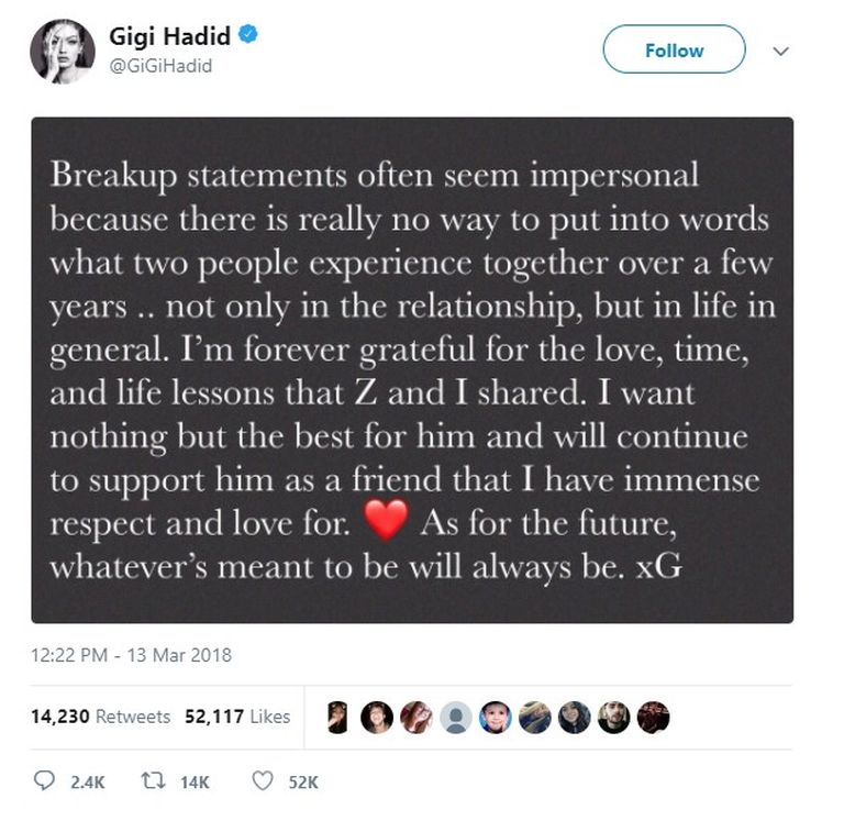Gigi Hadidi Twitteri postitus