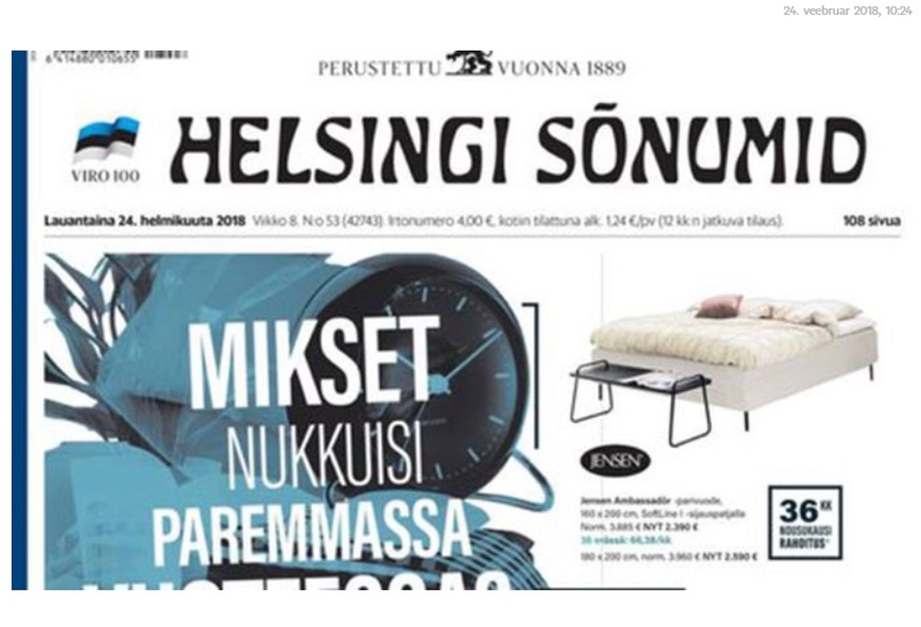 Ajalehe Helsingin Sanomat päises oli 24. veebruaril Helsingi Sõnumid.