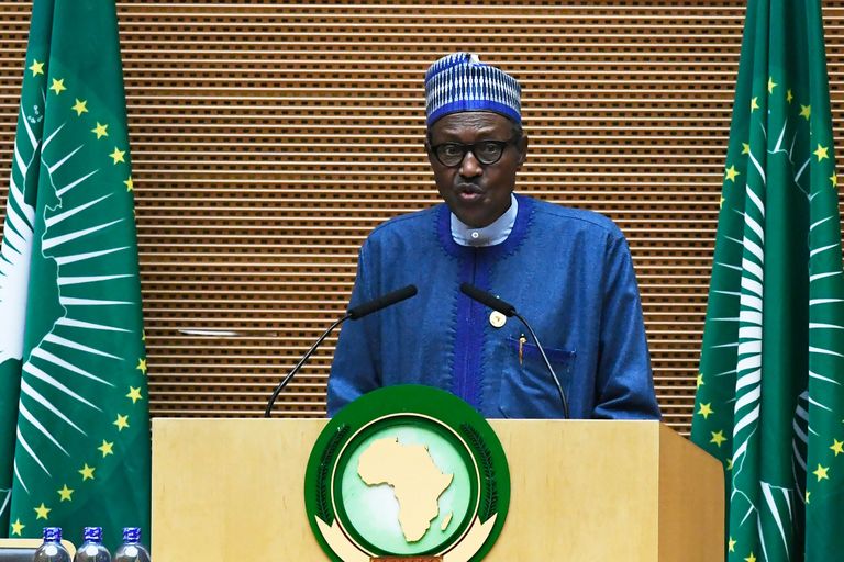 Nigeeria president Muhammadu Buhari Aafrika Liidu kohtumisel Addis Ababa 28. jaanuaril 2018 kõne pidamas