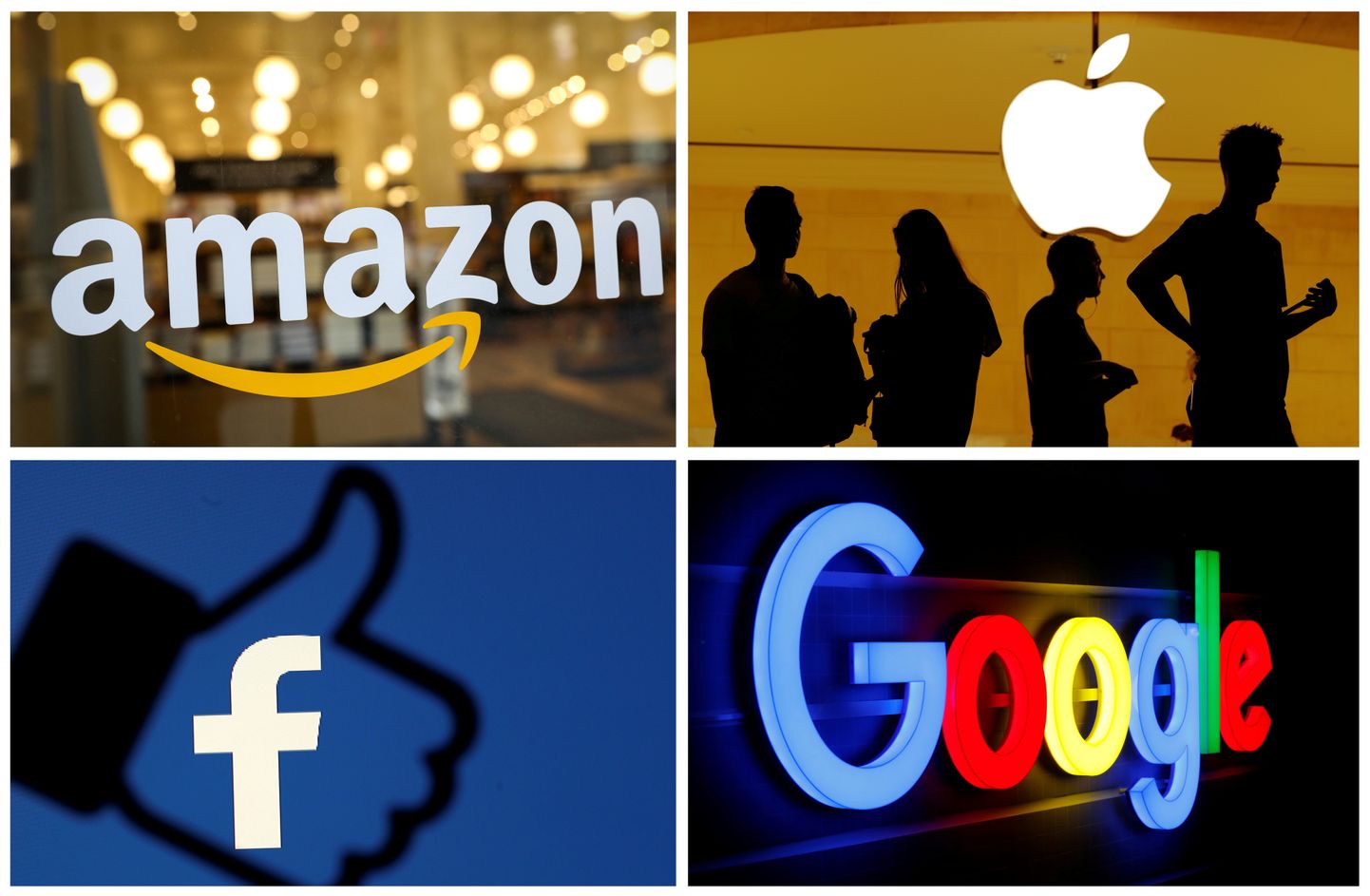 Amazoni, Apple'i, Facebooki ja Google'i logod.