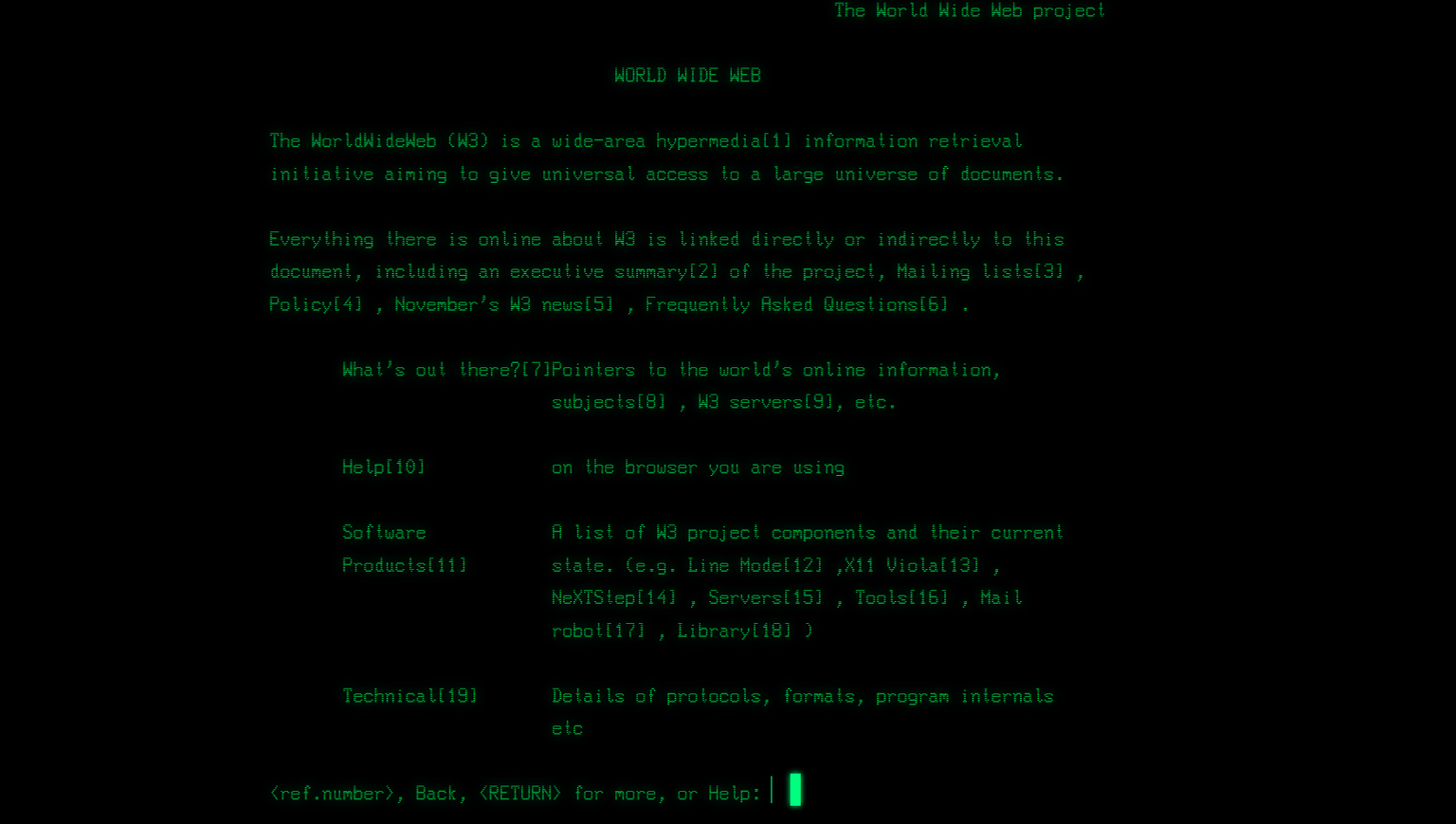 Kuvatõmmis maailma esimesest veebilehest, mille Tim Berners-Lee 1991. aastal üles pani.