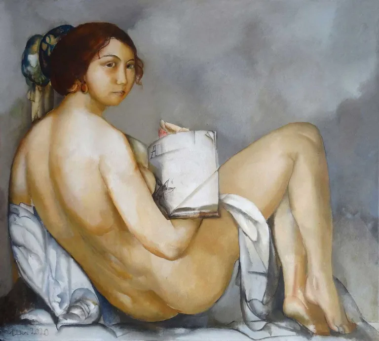 Una Lekuze (1990) "Lasītāja". 2020. Audekls, eļļa, 90x100 cm