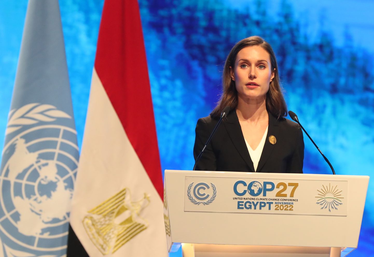 Soome peaminister Sanna Marin rääkimas 7. novembril 2022 Egiptuses Sharm el Sheikis ÜRO kliimamuutuse konverentsil COP27