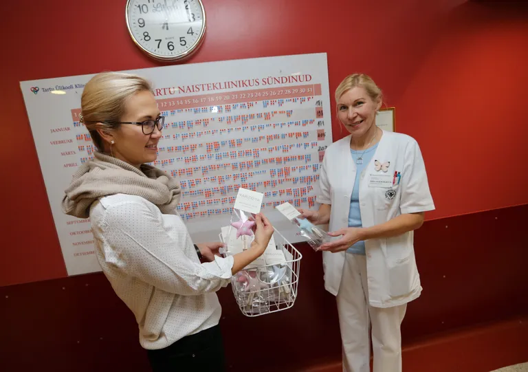 Ettevõtja Katri Voika (vasakul) ulatab ämmaemand Aira Aleksejevale korvitäie Karloova tooteid.