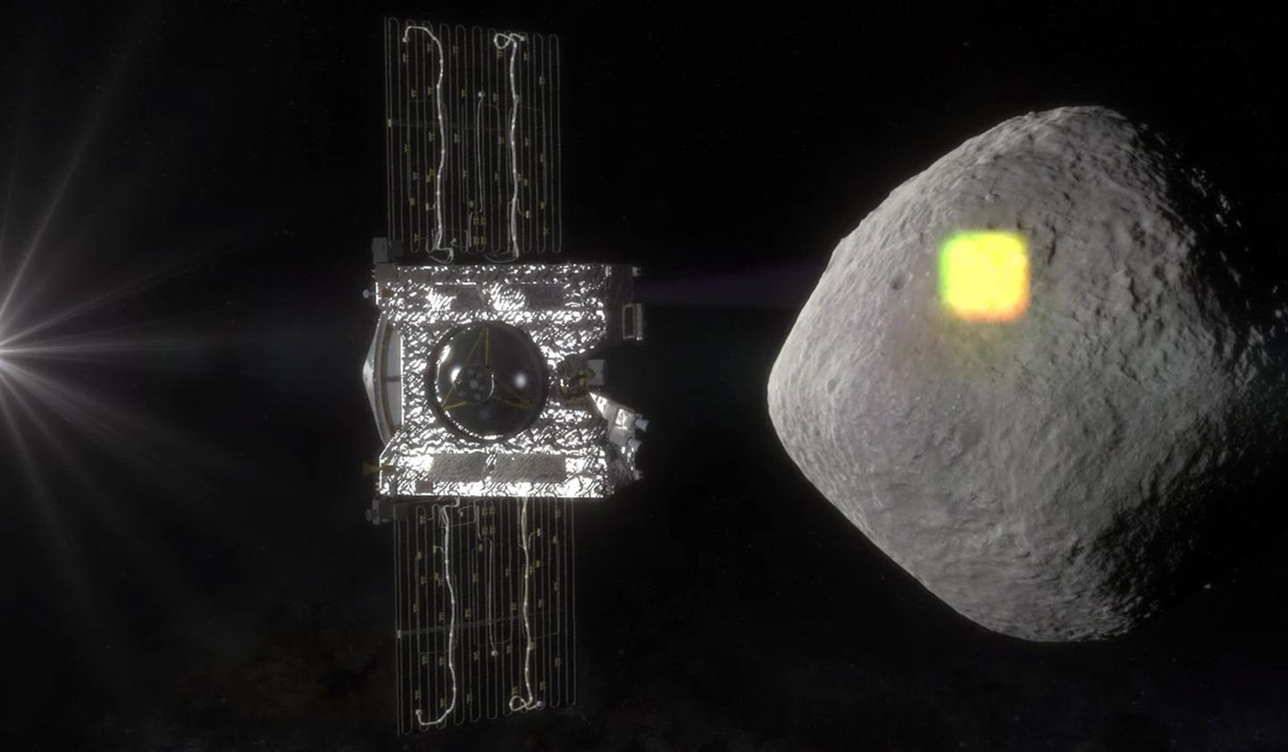 NASA arvutijoonistus asteroid Bennust ja OSIRIS-REx uurimissondist