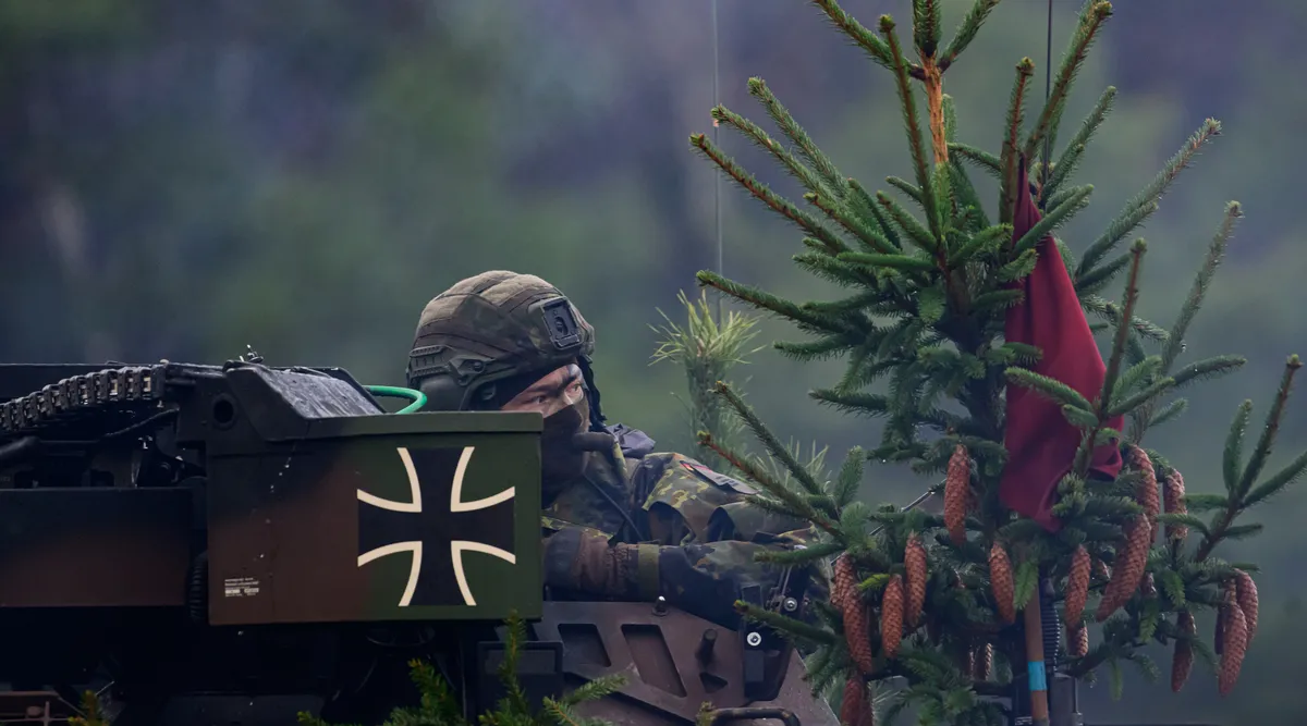 A Bundeswehr soldier participating in the European Union's MILEX24 military exercise at the Bergen training area on December 4, 2024.