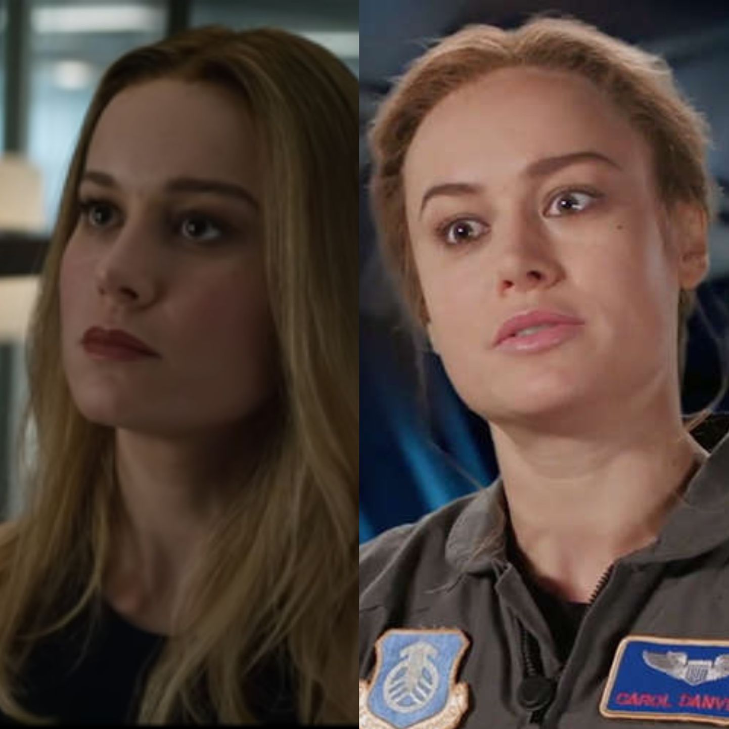 Brie Larson «Tasujad: Lõppmängus» (vasakul) ja «Kapten Marvelis» (paremal)
