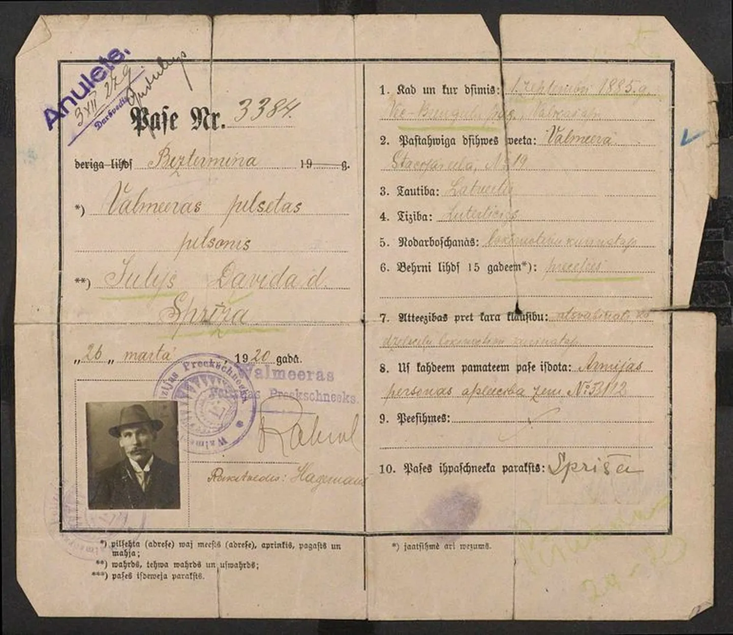 Паспорт Юлия Сприжа, дедушки Эвии Хаука, изданный в 1920 году