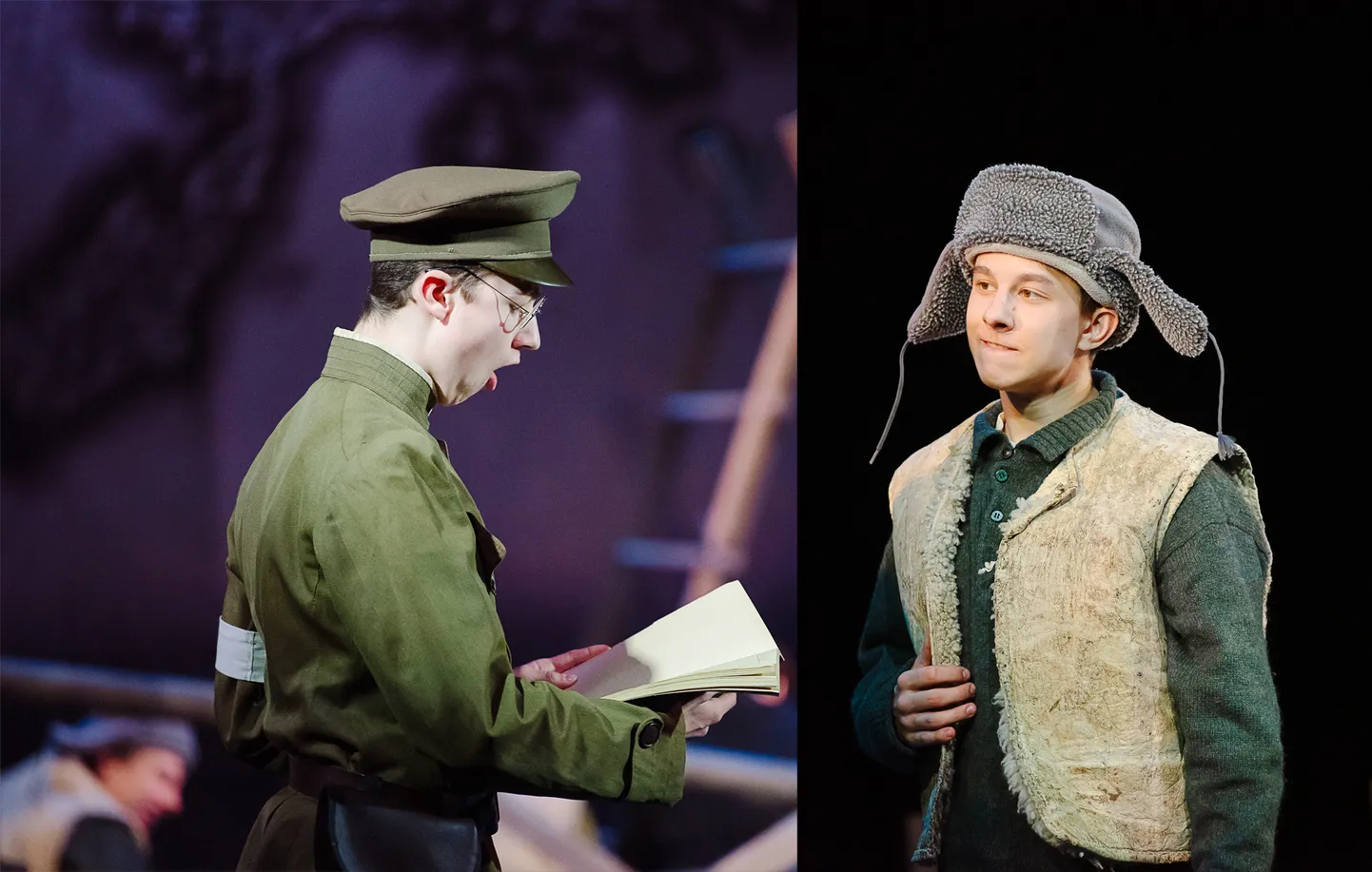 Saaremaa poisid Rasmus Vendel (vasakul) ja Juhan Soon Kuressaare teatri lavastuses "Tasa, vaikselt sõudvad pilved". Mõlemad asuvad 2020. aasta sügisel õppima Eesti Muusika- ja Teatriakadeemia lavakunstikoolis.