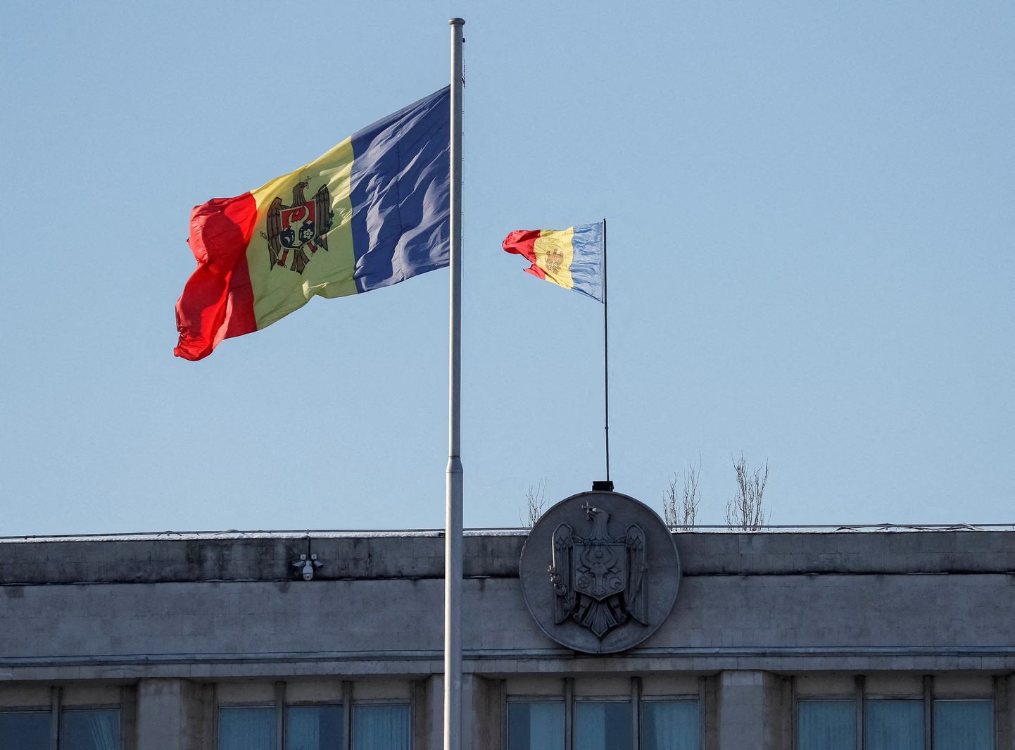 Two Moldovan national flags  in central Chisinau, Moldova.