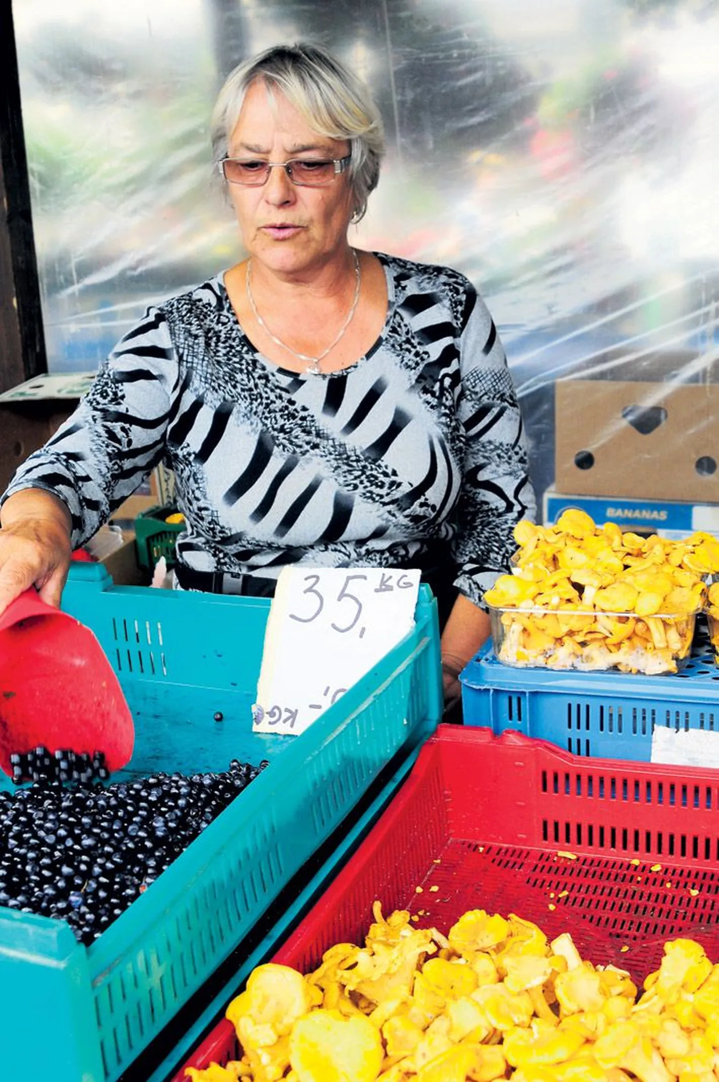 Hundijala talu perenaine Hele Tammepuu müüb Tartu turul ka mustikaid ja kukeseeni.