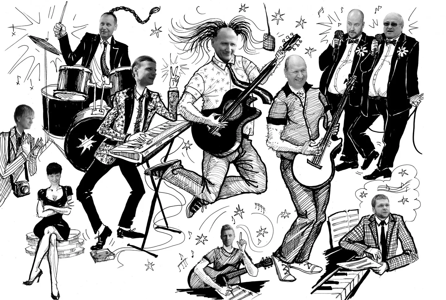 Riigikogu bänd täies hiilguses: Tarmo Kruusimägi, Laine Randjärv, Urmas Kruuse, Aivar Sõerd, Valdo Randpere, Ewert Sundja, Mart Helme, Artur Talvik, Toomas Väinaste ja Jevgeni Ossinovski.