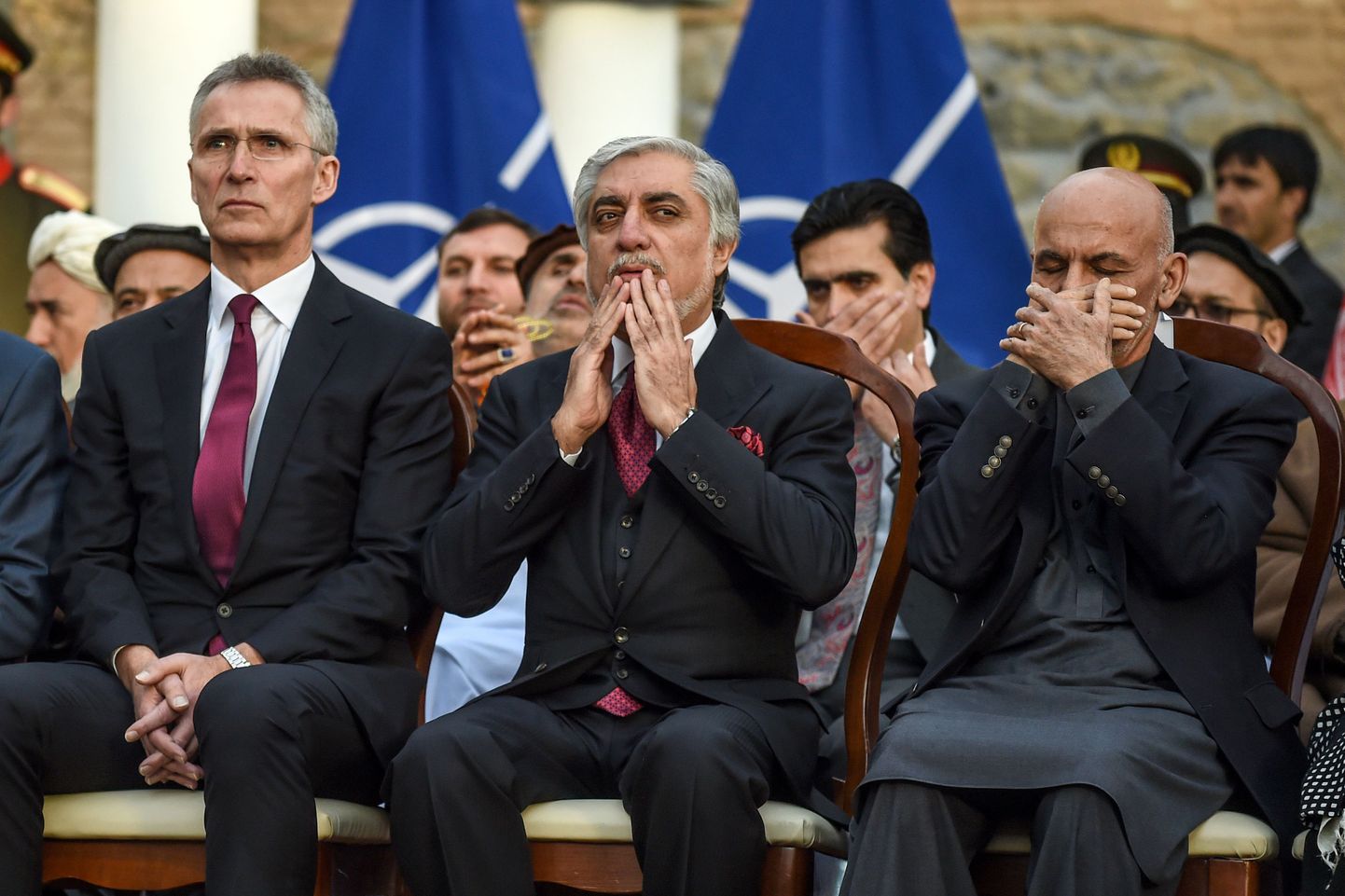 (Vasakult paremale) NATO peasekretär Jens Stoltenberg, Abdullah Abdullah ja Ashraf Ghani Kabulis 29. veebruar 2020.