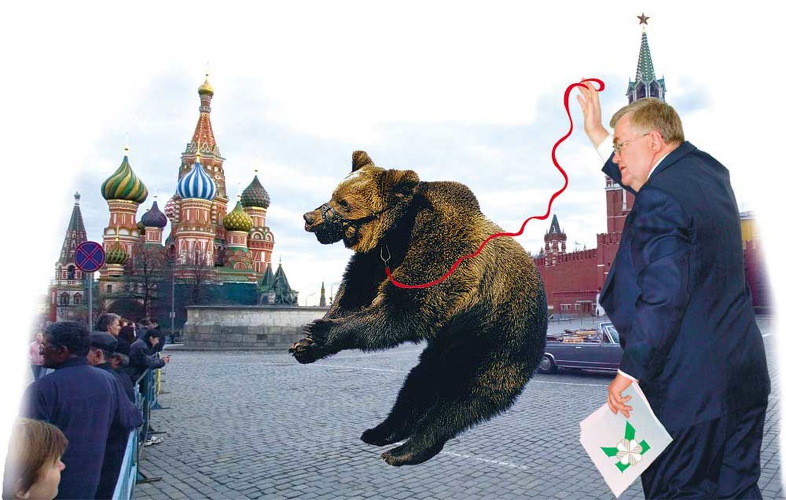 Fotomontaaž, millega Postimees illustreeris 2004. aastal Edgar Savisaare arvamuslugu, kus Keskerakonna esimees põhjendas Ühtse Venemaaga sõlmitud koostööleppe vajalikkust.