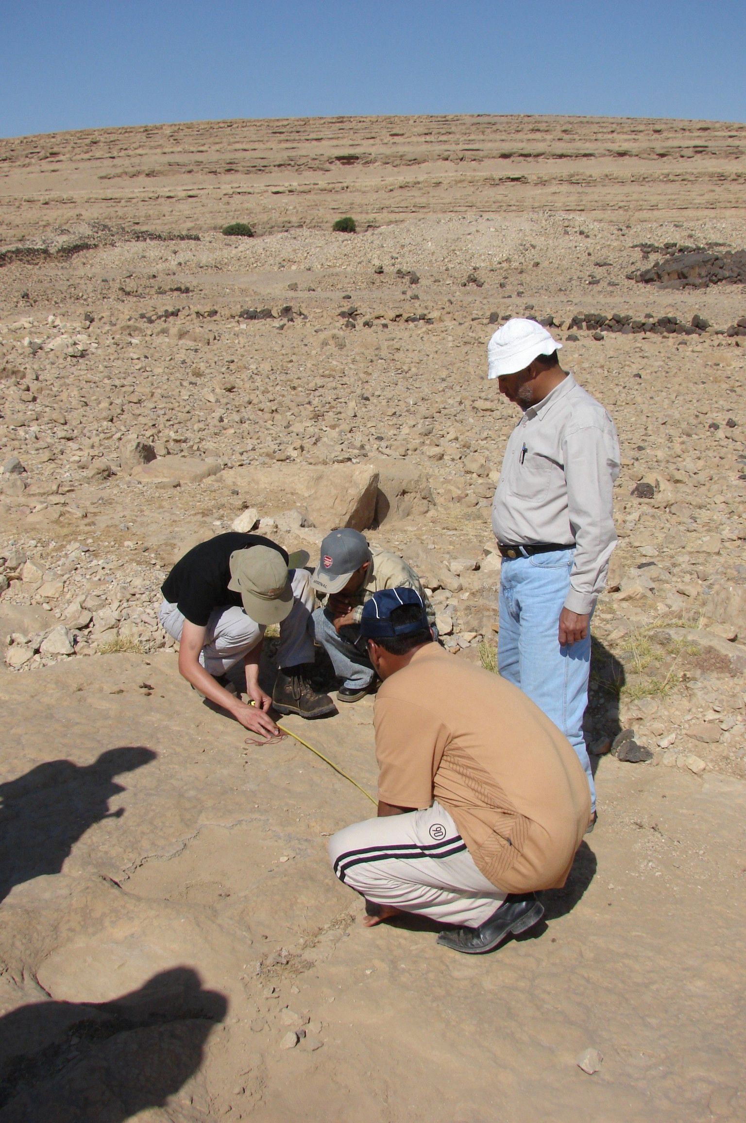 Jeemenist leitud dinosauruste jälgede mõõtmine