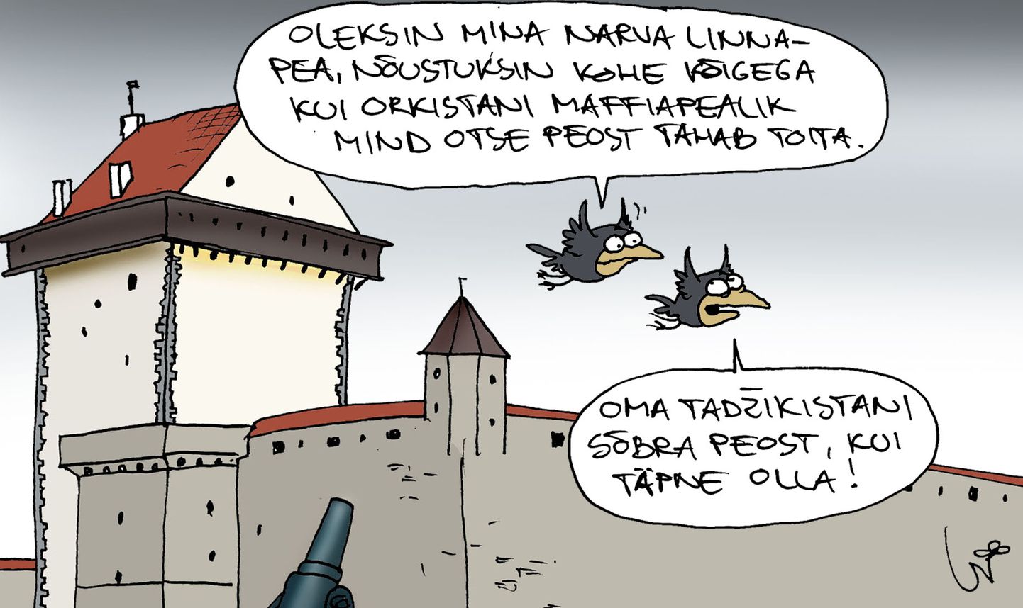 «If I were the mayor of Narva, I would immediately agree to anything if the mafia boss of Orcistan wanted to feed me directly from the hand. – The hand of his Tajik friend, to be exact!» Daily caricature, April 8.