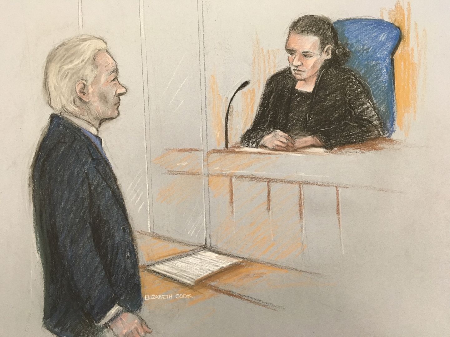 Kohtu kunstniku Elizabeth Cooki visand Julian Assange'ist kohtusaalis.