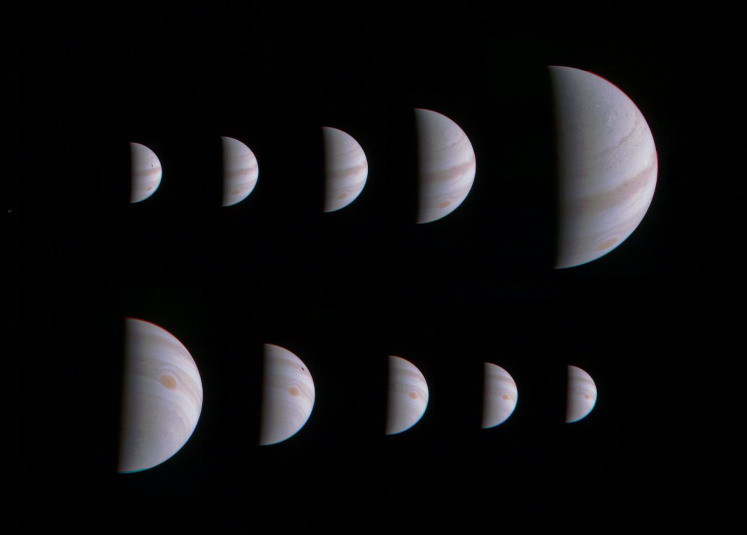 Pildid Jupiterile lähenemisest ja lahkumisest. Juno uurimisalus sooritas 27. augustil oma esimese eduka möödumise meie Päikesesüsteemi hiiglaslikust gaasiplaneedist. Ees seisab veel 35 samalaadset möödalendu.