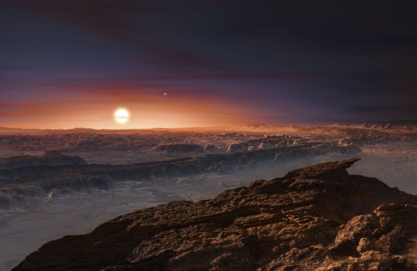 Kunstiku kujutis Proxima B'st - Päikese naabertähe Proxima Centauri ümber tiirlevast meile lähimast Maa-tüüpi eksoplaneedist.