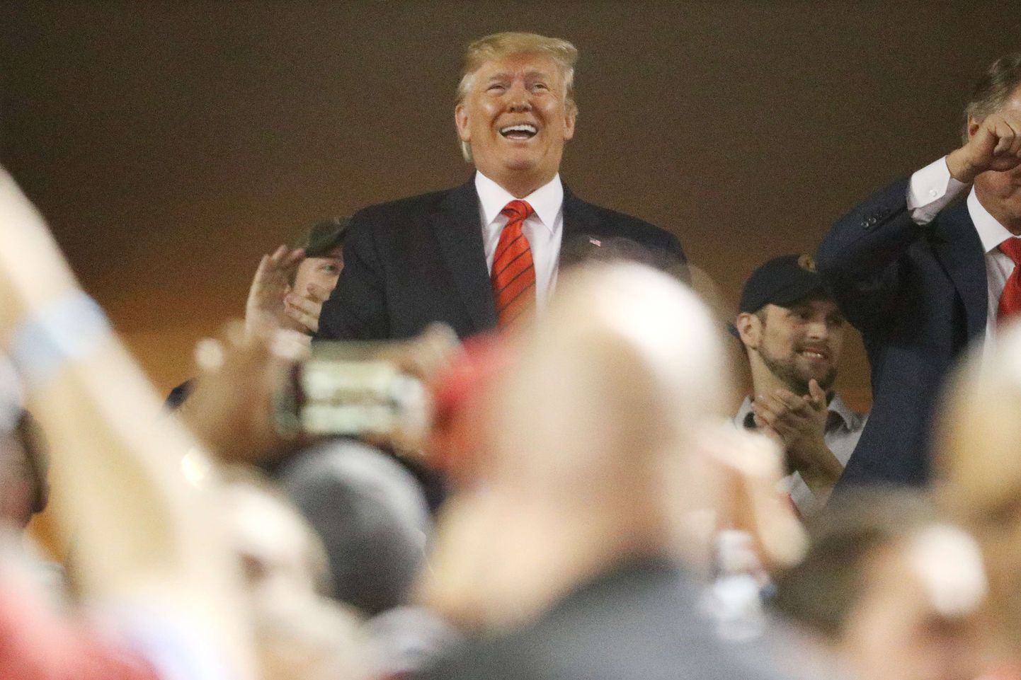 WASHINGTON, DC - OCTOBER 27: President Donald Trump attends Game Five of the 2019 World Series between the Houston Astros and the Washington Nationals at Nationals Park on October 27, 2019 in Washington, DC.   Patrick Smith/Getty Images/AFP
== FOR NEWSPAPERS, INTERNET, TELCOS & TELEVISION USE ONLY ==