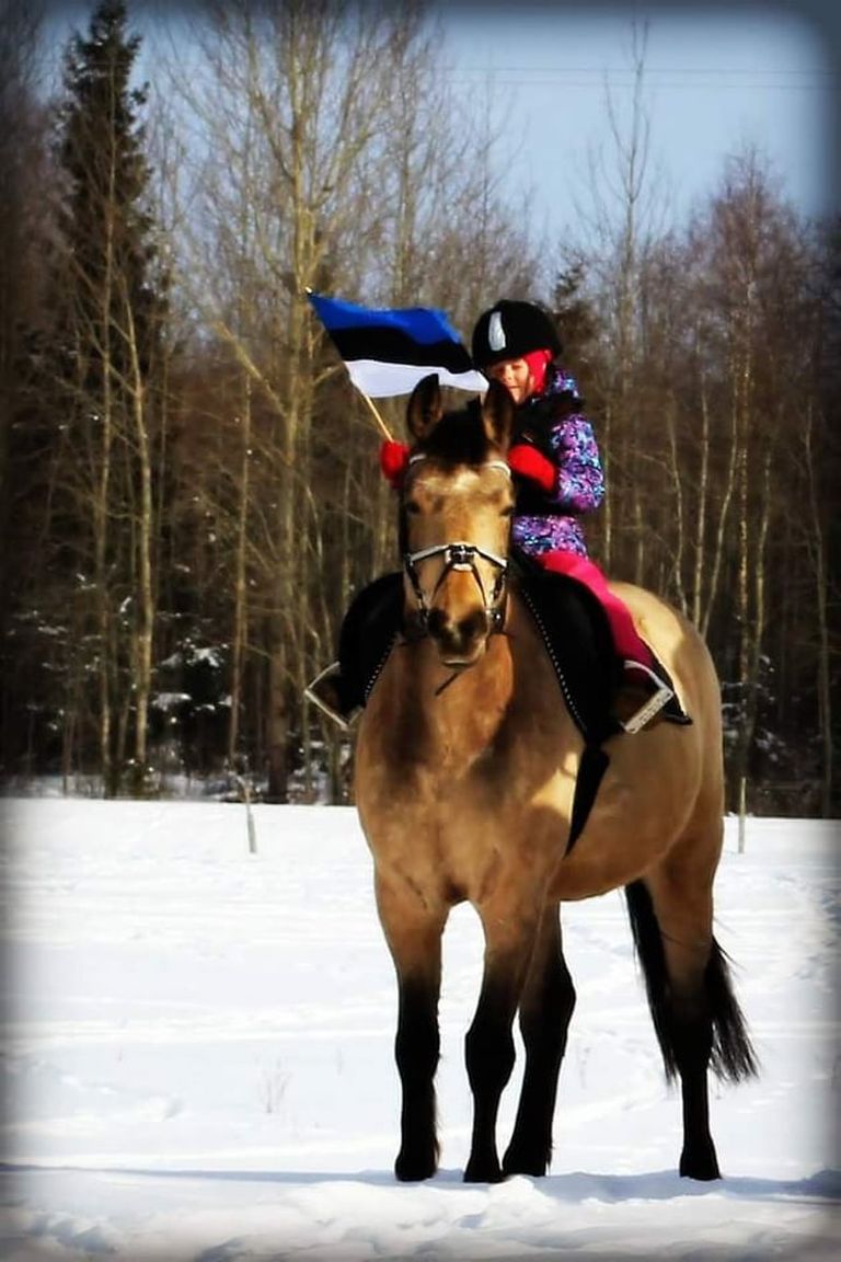 130 häält sai Laine Petersoni foto lapsest hobuse seljas koos Eesti lipuga.