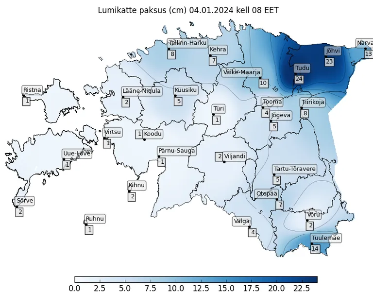Eesti lumekaart 4. jaanuaril 2024. aastal.
