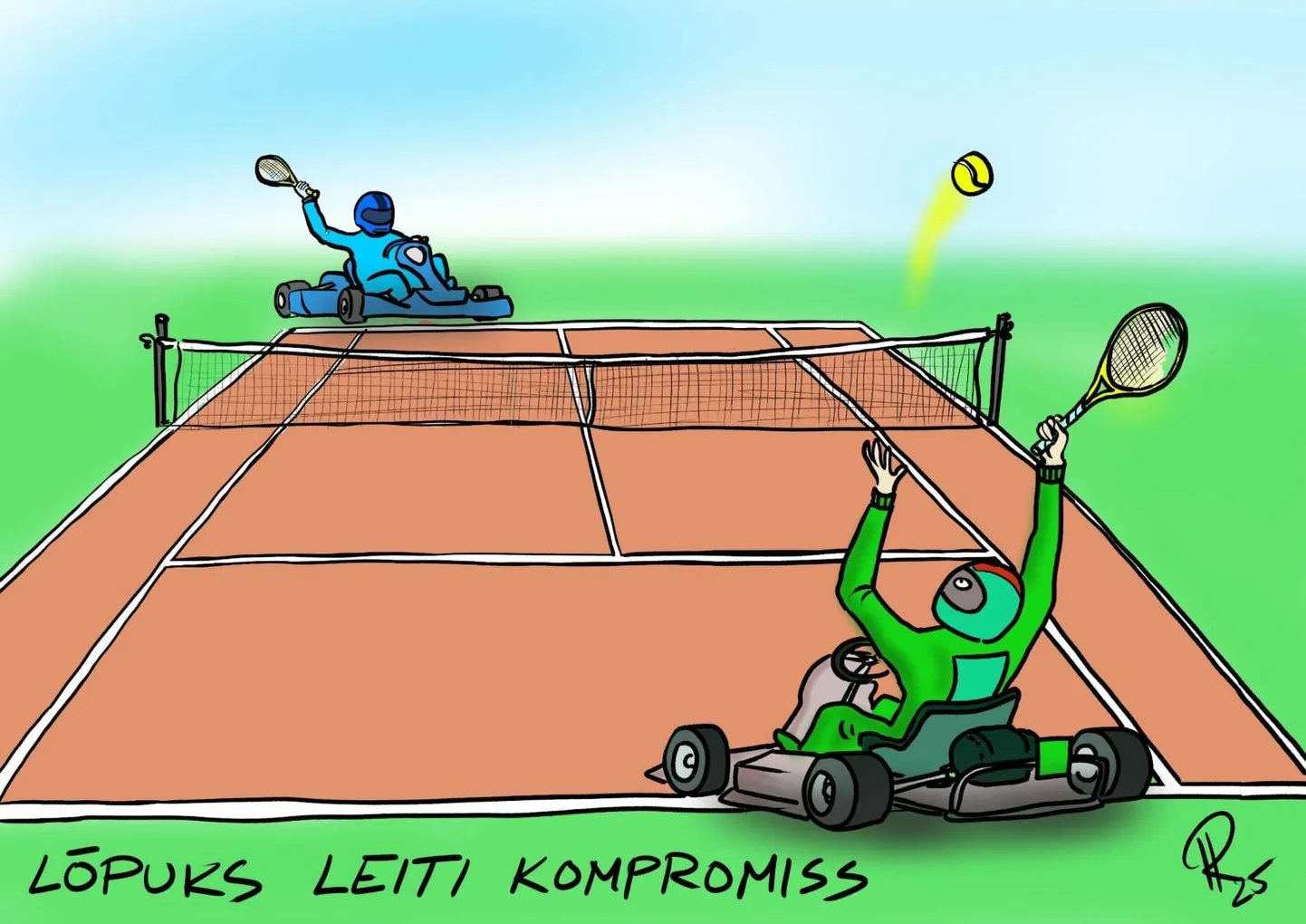 Nädala karikatuur "Kui tennisehalli ei ole, tuleb leida loovaid lahendusi."