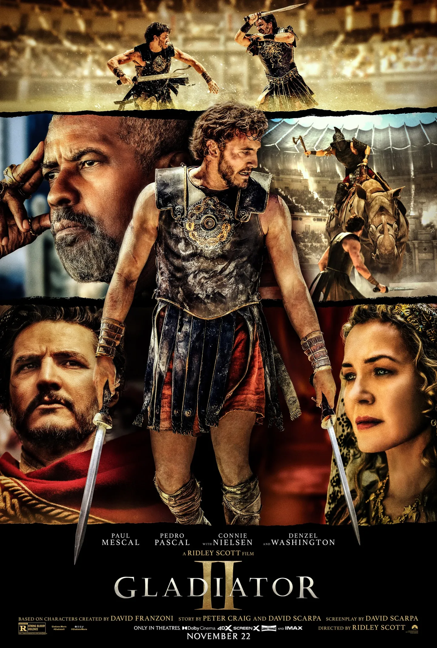 Režissöör Ridley Scotti uue filmi «Gladiator II» reklaamplakat. Keskel peategelast Luciust kehastav Paul Mescal