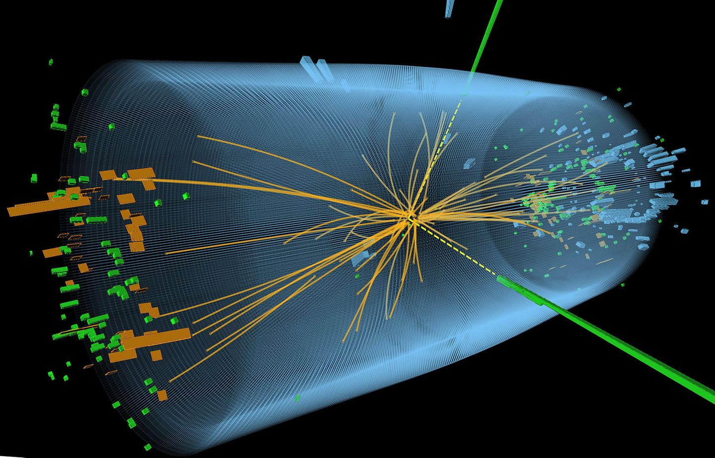 CERNI täna avaldatud pildil on näha Higgsi bosoni leidmiseks korraldatud CMS eksperimendi käigus tekkinud osakeste põrkumise jäljed.