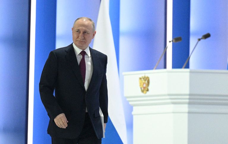 Владимир Путин во время своего обращения к депутатмм, чиновникам и россиянам 21 февраля 2023 года.