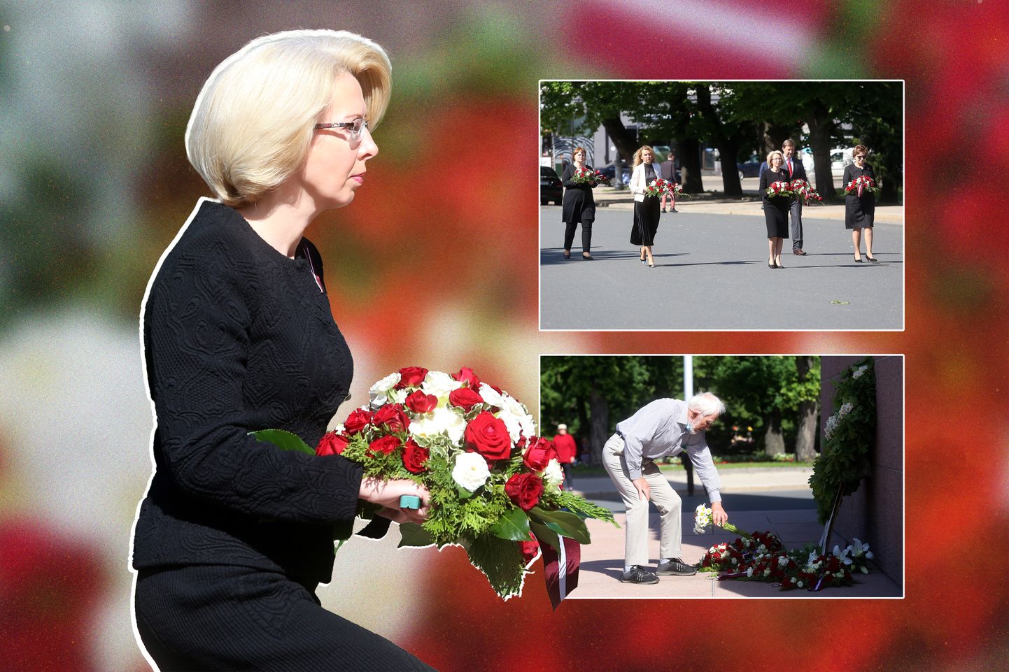 Pa kreisi - Saeimas priekšsēdētāja Ināra Mūrniece. Augšējā foto Saeimas Prezidija locekļi Komunistiskā genocīda upuru piemiņas dienā dodoties nolikt ziedus pie Brīvības pieminekļa.